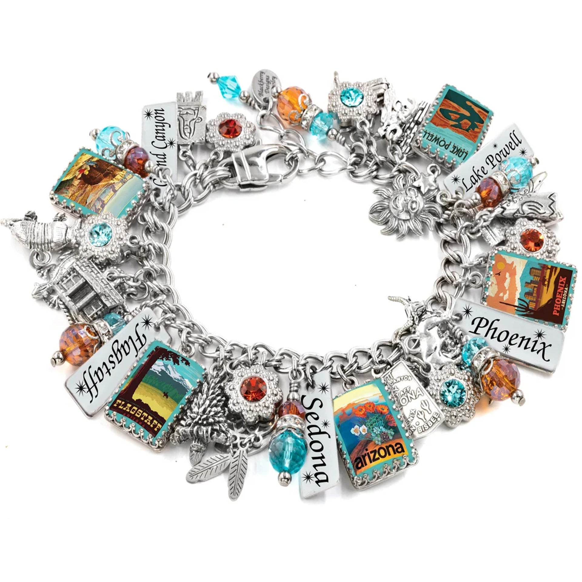 A bracelet with various charms and charms attached to it, each representing different cities or states in the United States.