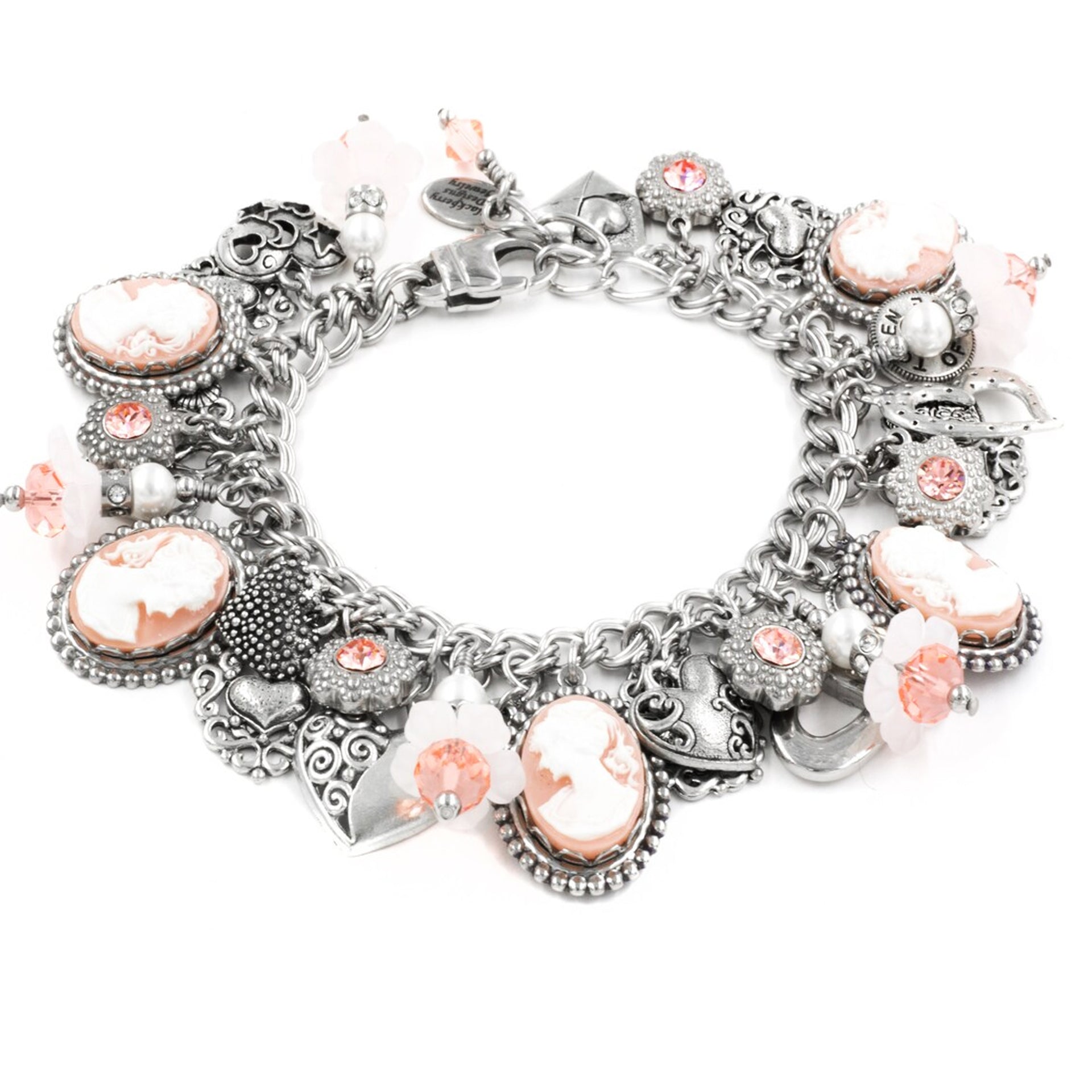 A silver and pink charm bracelet with various decorative charms and beads.