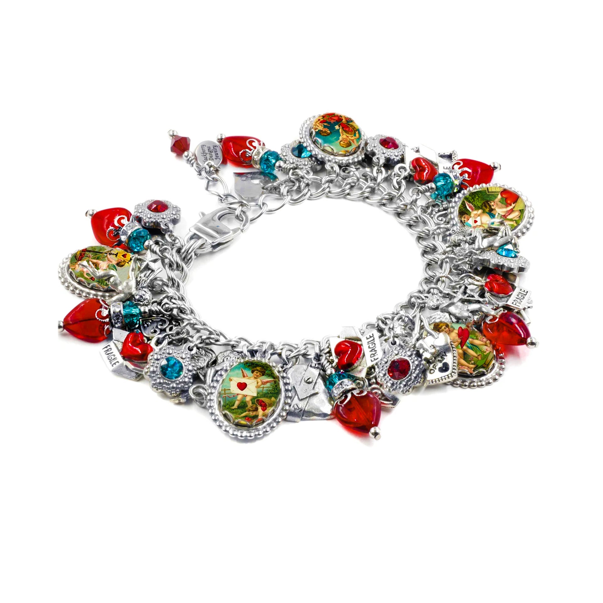 A colorful charm bracelet with various charms, including hearts, beads, and other decorative elements, attached to a chain.