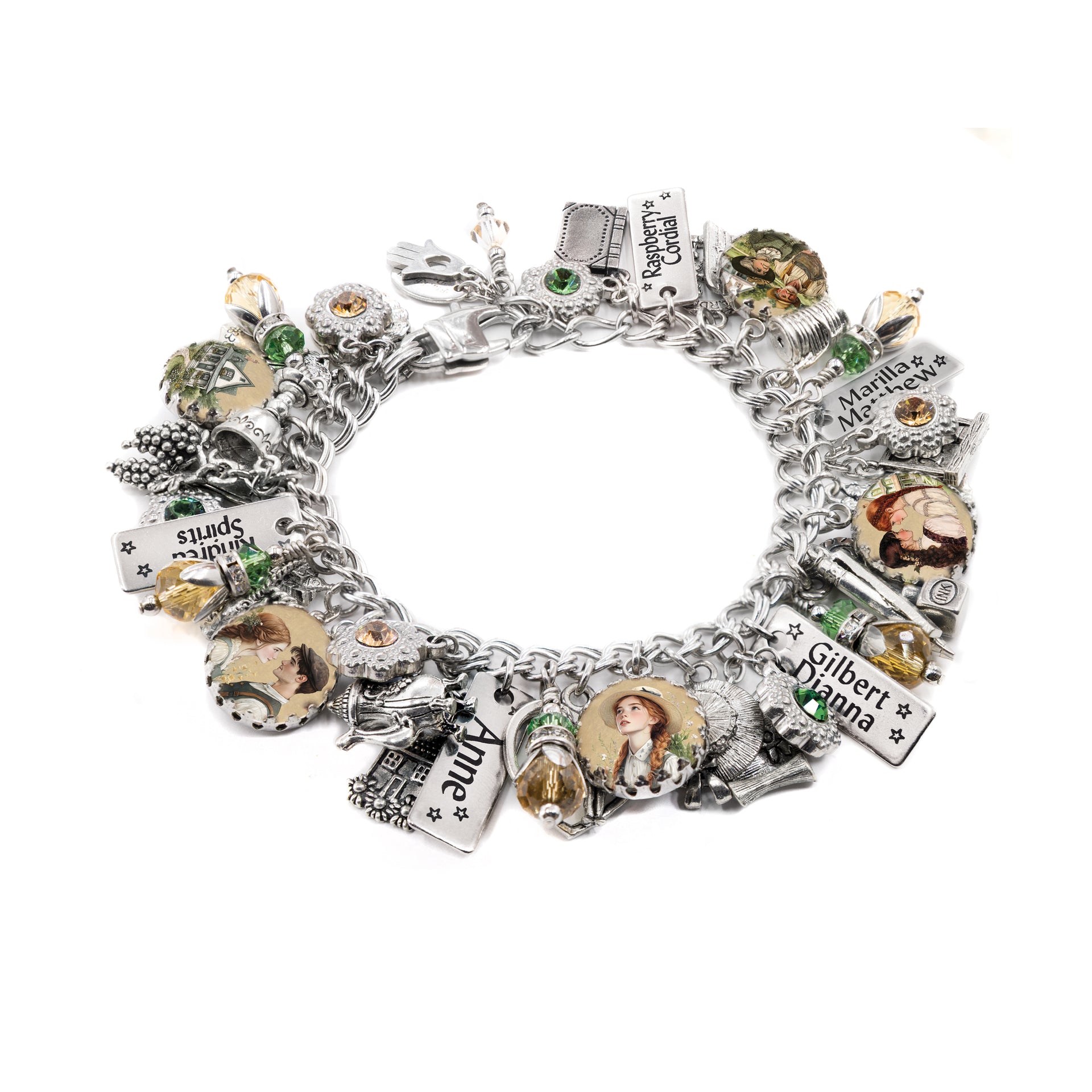 A silver-colored charm bracelet with various charms and pendants attached to it.