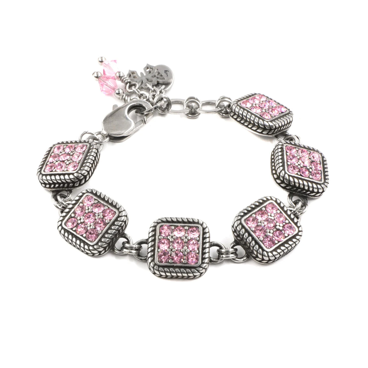 A silver-toned bracelet adorned with square-shaped charms embellished with pink gemstones.