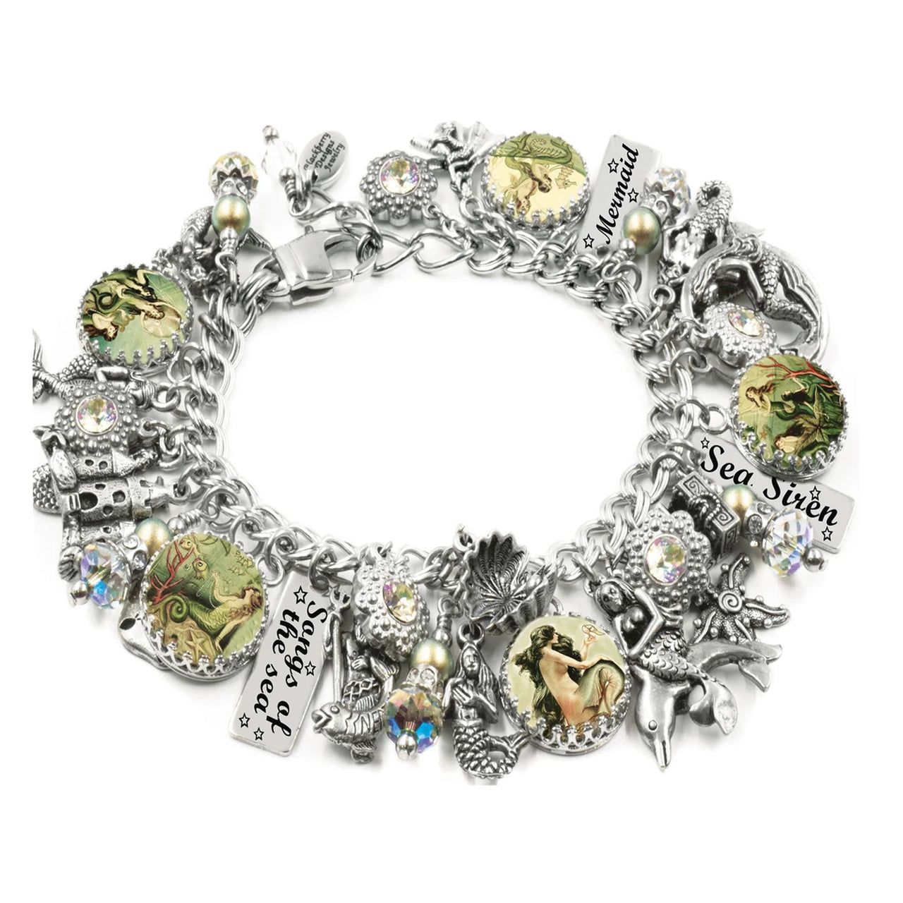 A silver charm bracelet adorned with various charms, including a mermaid, sea creatures, and other decorative elements.
