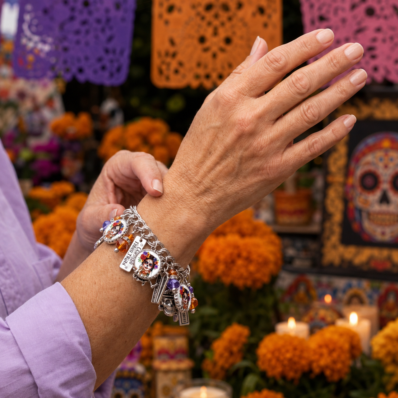 Sugar Skull Charm Bracelet, Day of the Dead Gift Celebrating Loved Ones