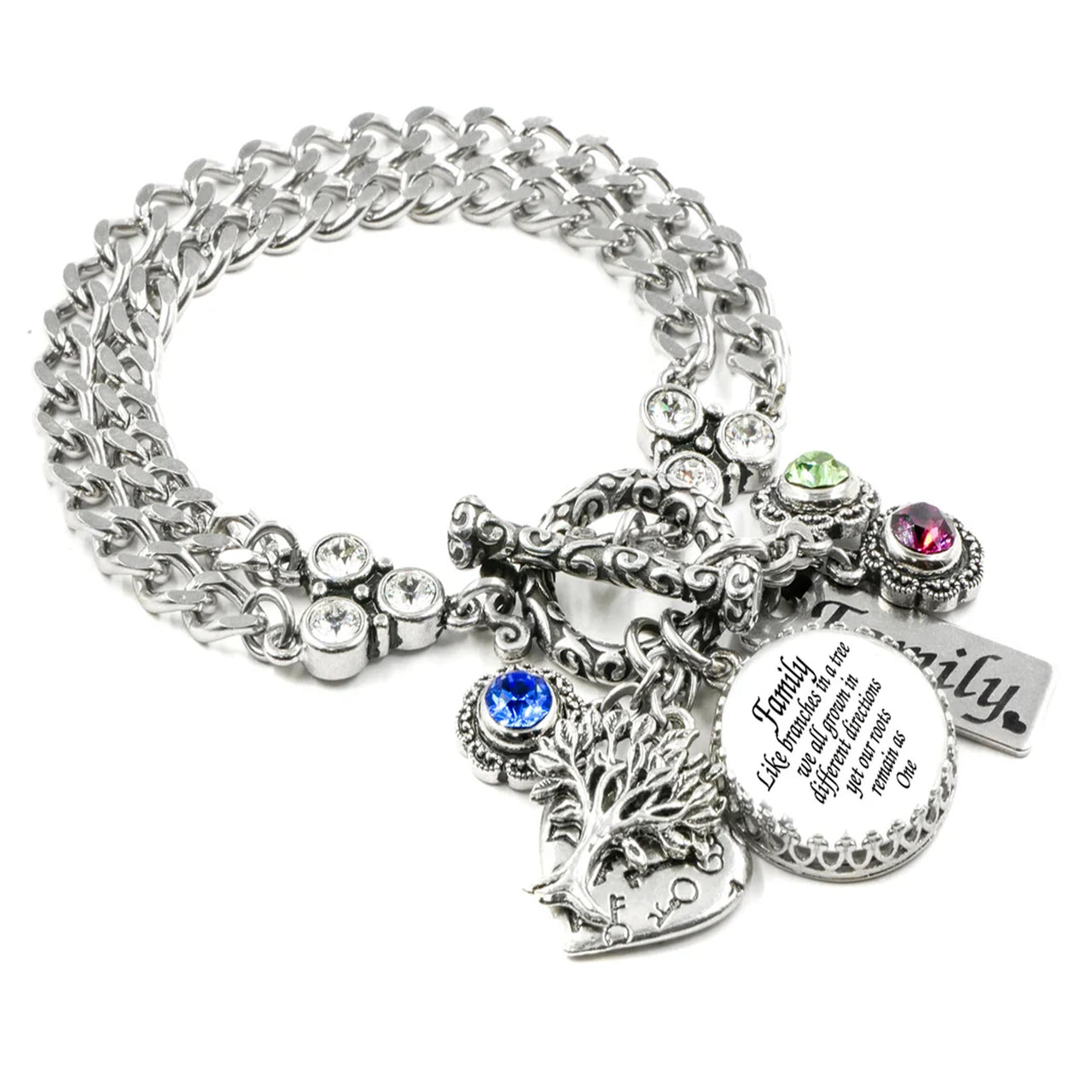 A silver-toned bracelet with various charms and charms attached to it, including a tree charm and a charm with a message.
