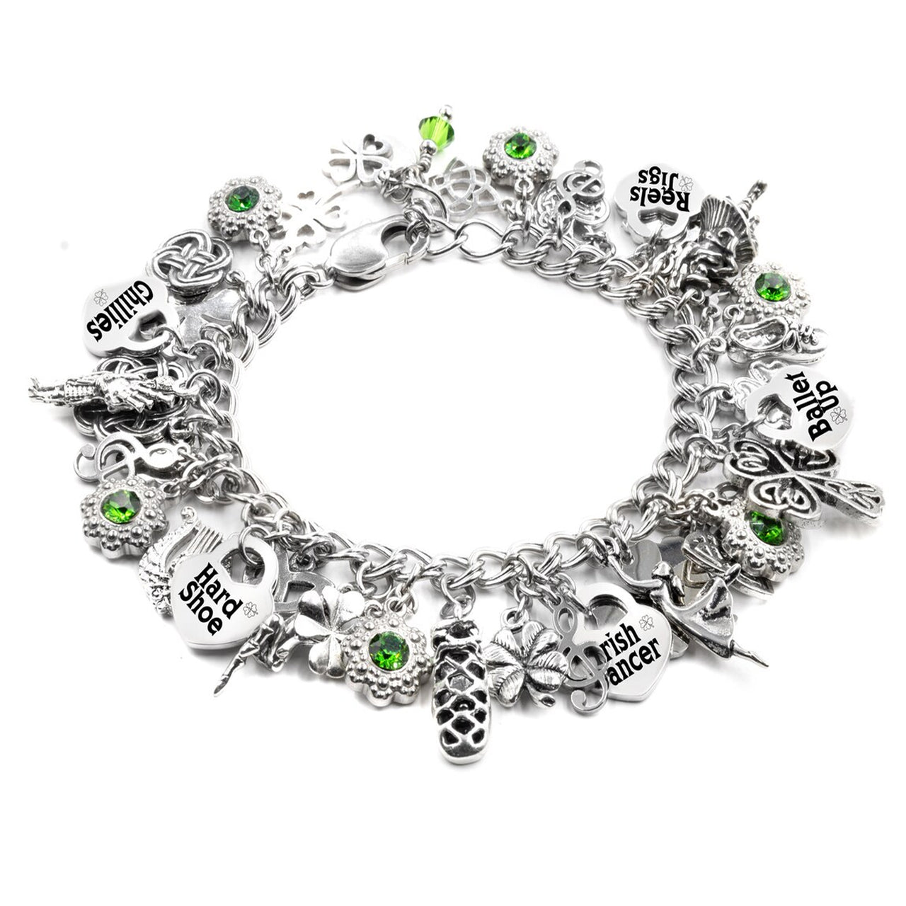 A silver charm bracelet with various charms and charms attached to it.