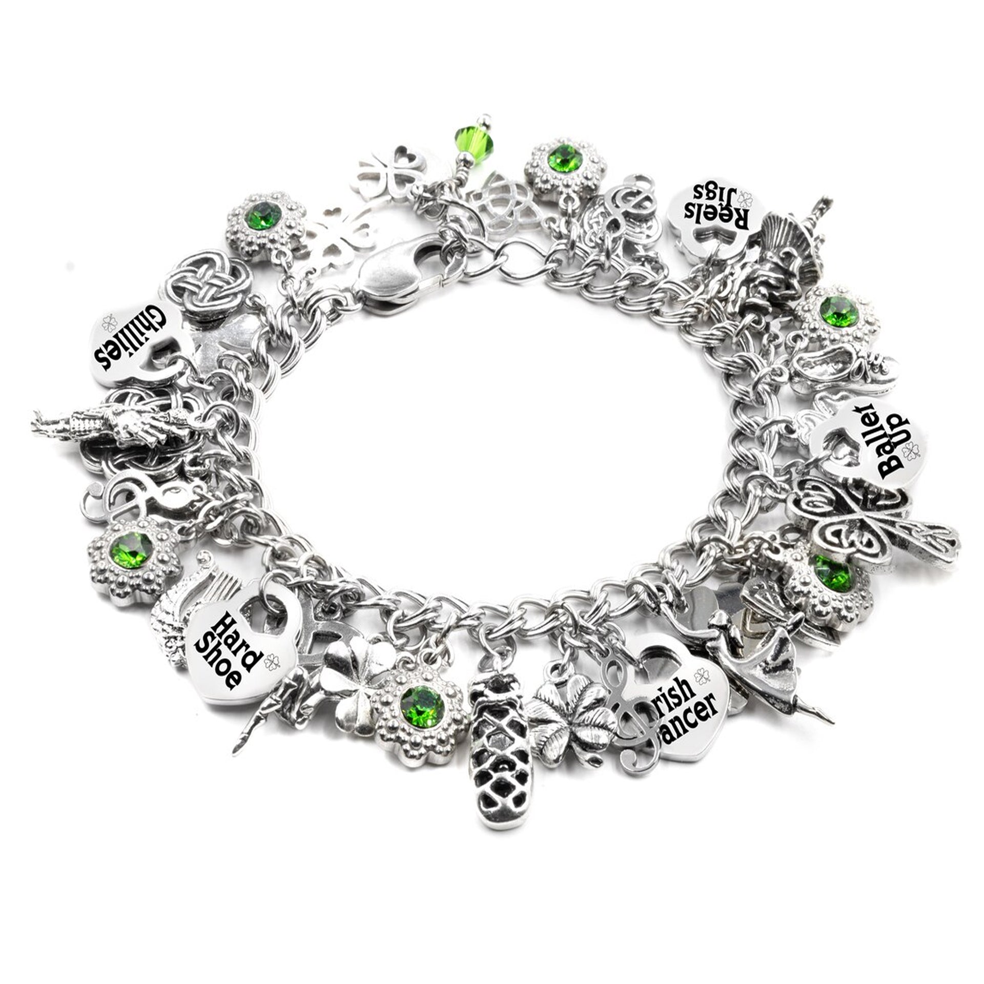 A silver charm bracelet with various charms and charms attached to it.