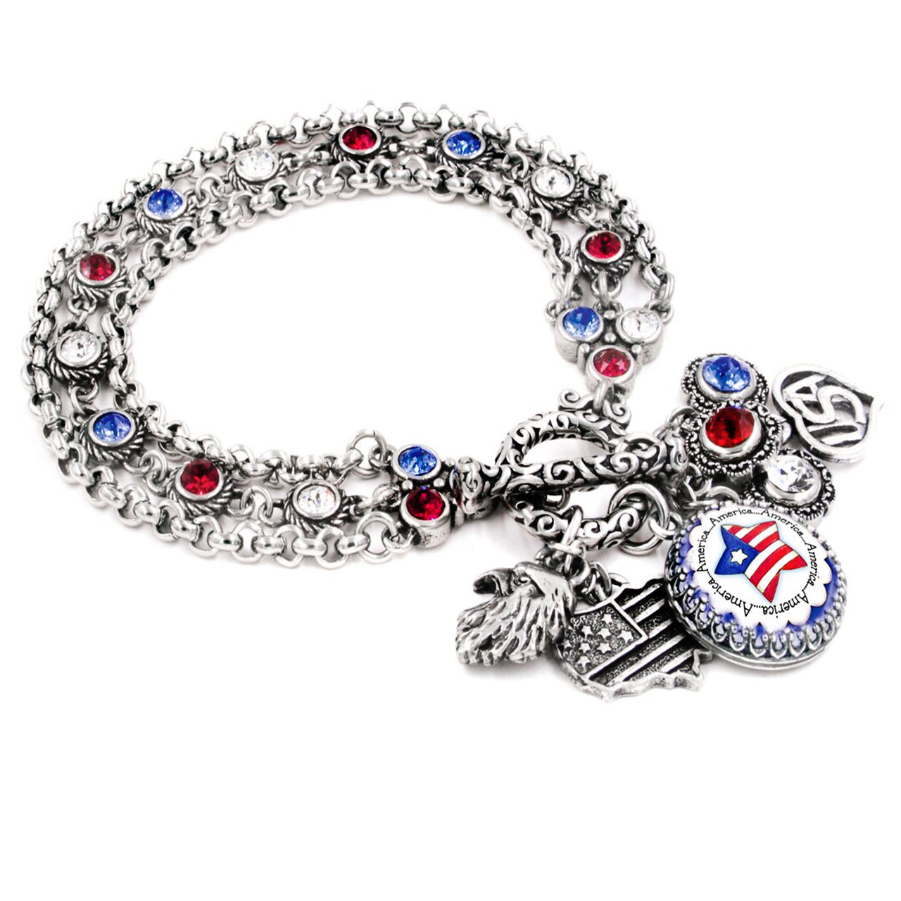 A silver-toned bracelet adorned with various charms, including a charm in the shape of a flag, a charm in the shape of a bird, and a charm in the shape of a shield.