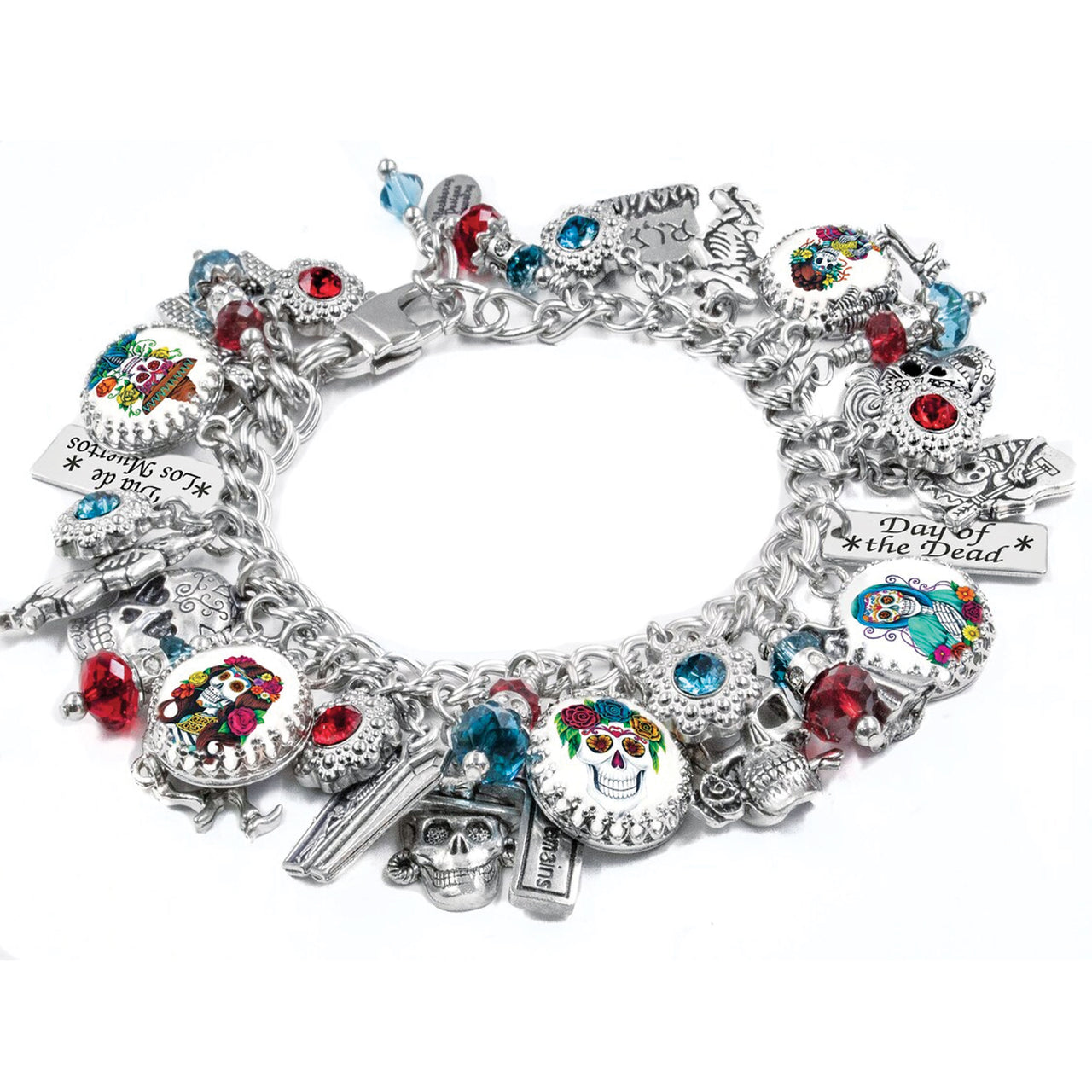 A silver bracelet adorned with various charms, including a skull, flowers, and other decorative elements, as well as charms with the text "Day of the Dead".