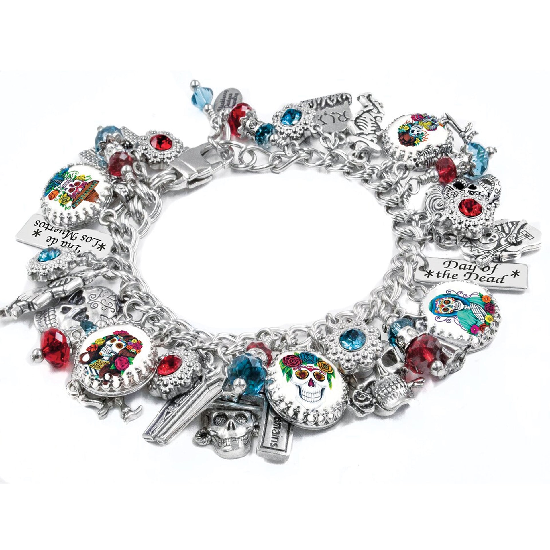 A silver bracelet adorned with various charms, including a skull, flowers, and other decorative elements, as well as charms with the text "Day of the Dead".