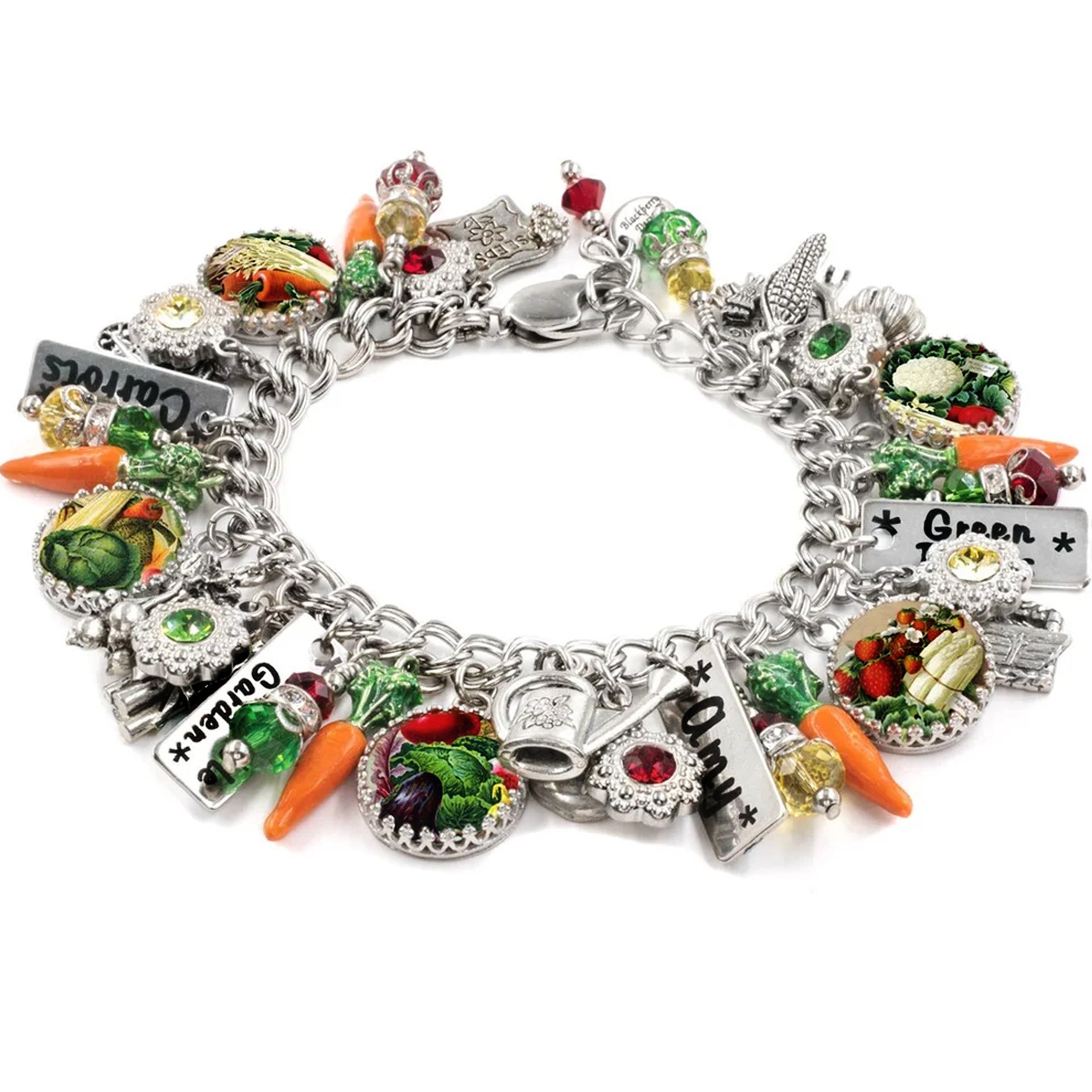 A bracelet adorned with various charms and pendants, including vegetables, fruits, and other decorative elements.