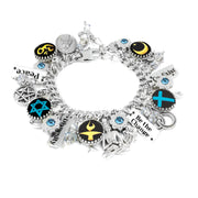 A silver-colored charm bracelet adorned with various charms, including a crescent moon, star, and cross, as well as other symbols and text.