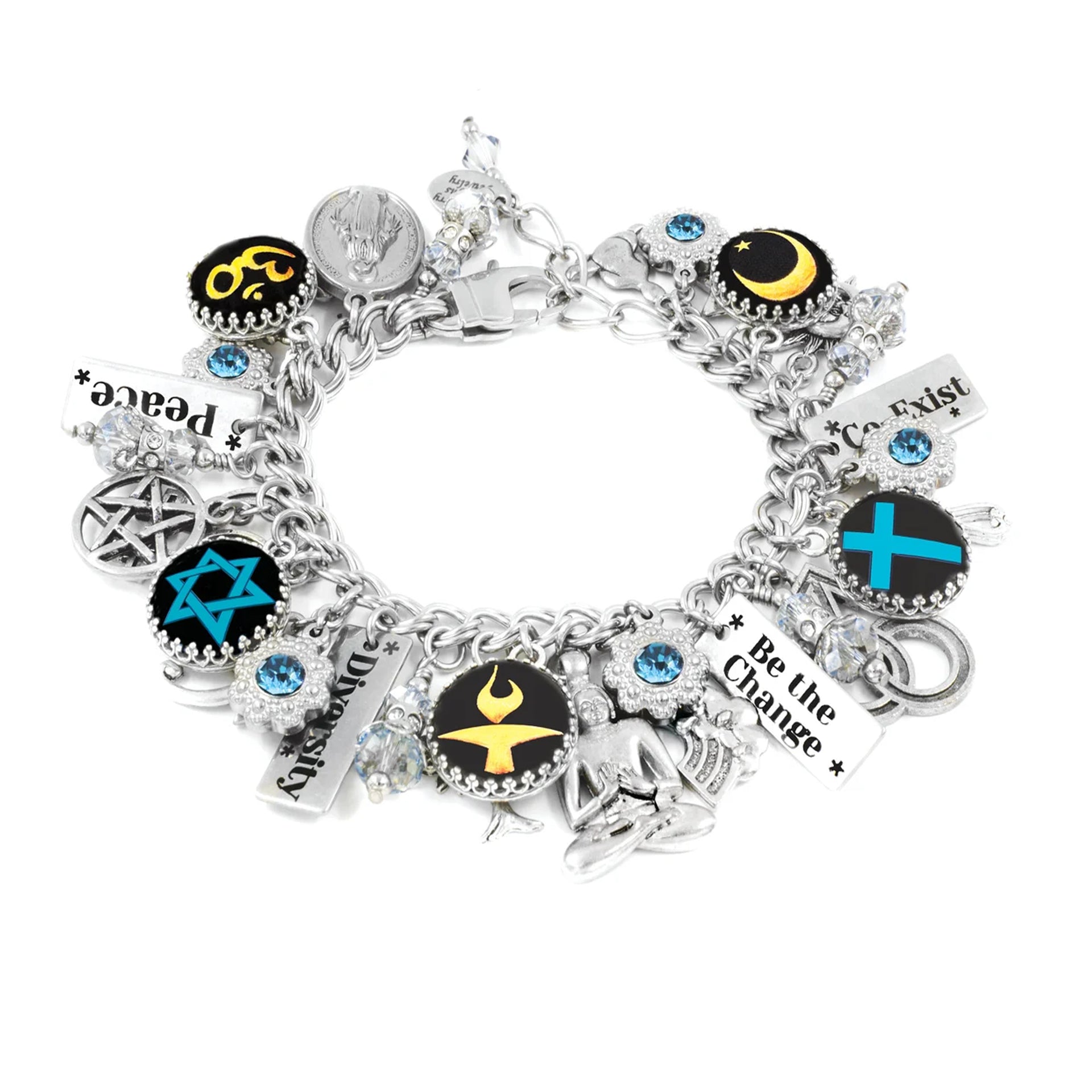 A silver-colored charm bracelet adorned with various charms, including a crescent moon, star, and cross, as well as other symbols and text.