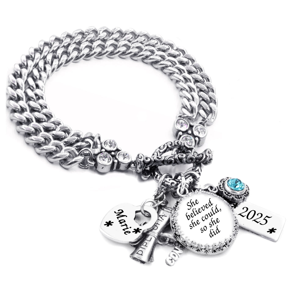 Graduation Charm Bracelet with Graduates Name and Personalized Birthstone