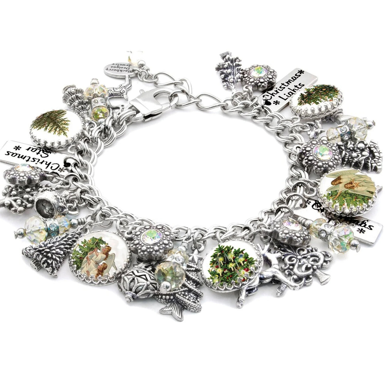 A silver-toned charm bracelet adorned with various Christmas-themed charms, including a snowflake, pine tree, reindeer, and other festive elements.