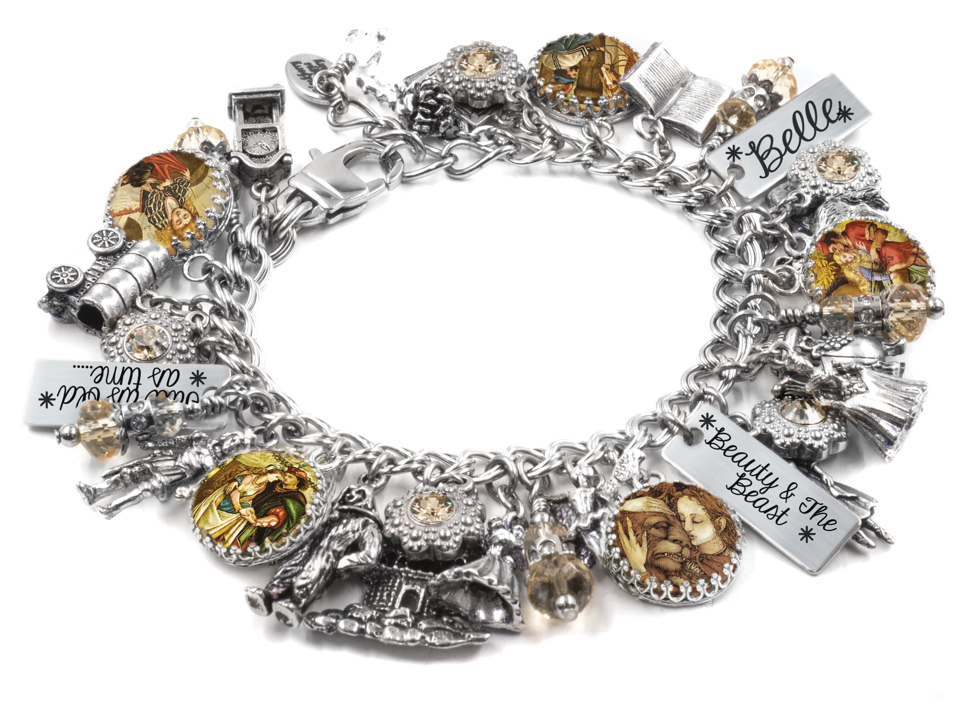 Beauty and the beast charm bracelet with vintage images or Belle