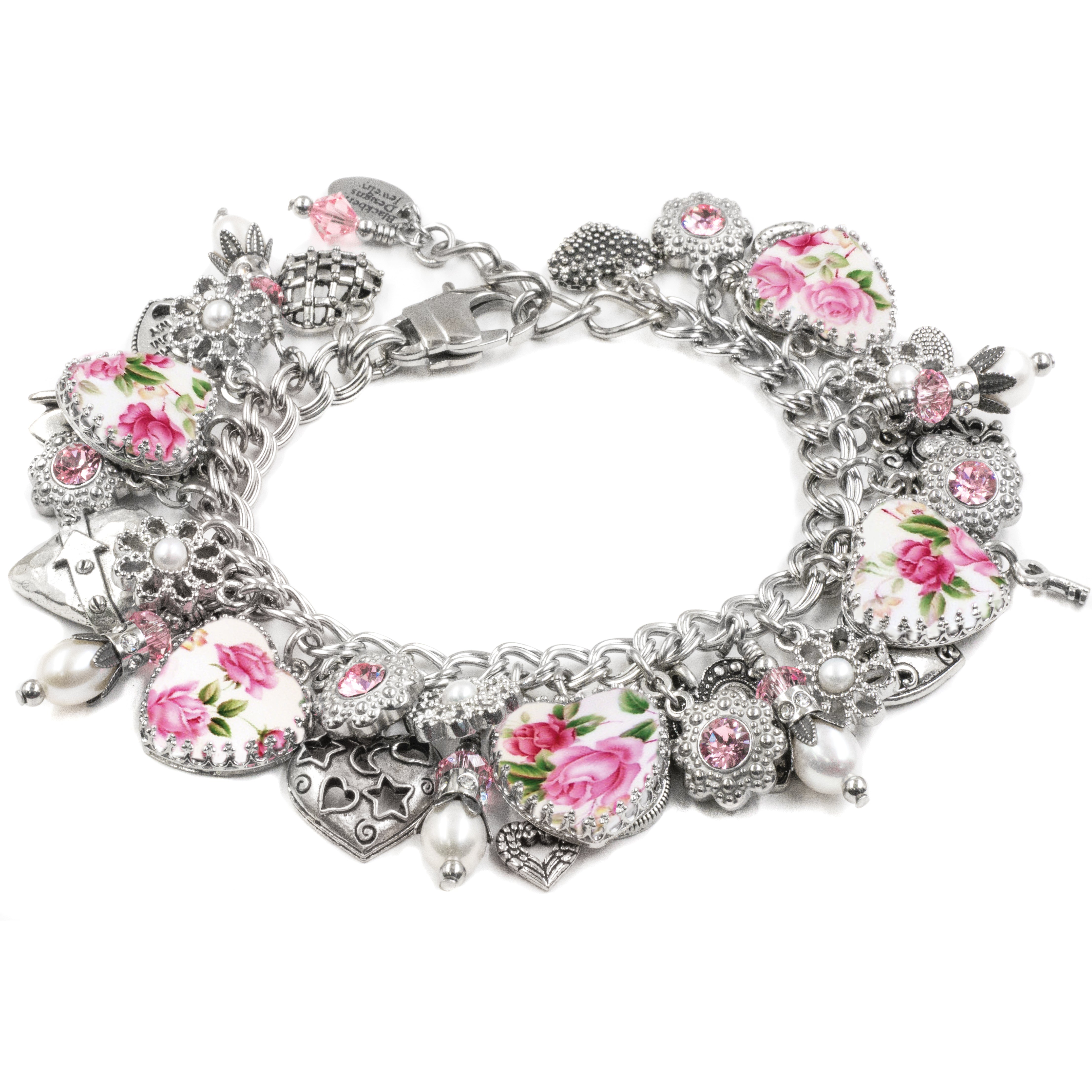 Pink Roses Broken China Jewelry Sterlling Bangle Bracelet