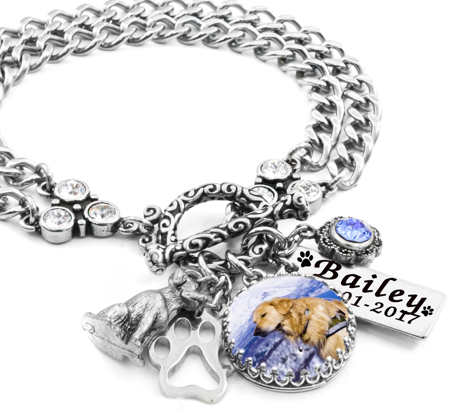 Personalized Photo Dog Charm Bracelet with engraved pets name in stainless steel