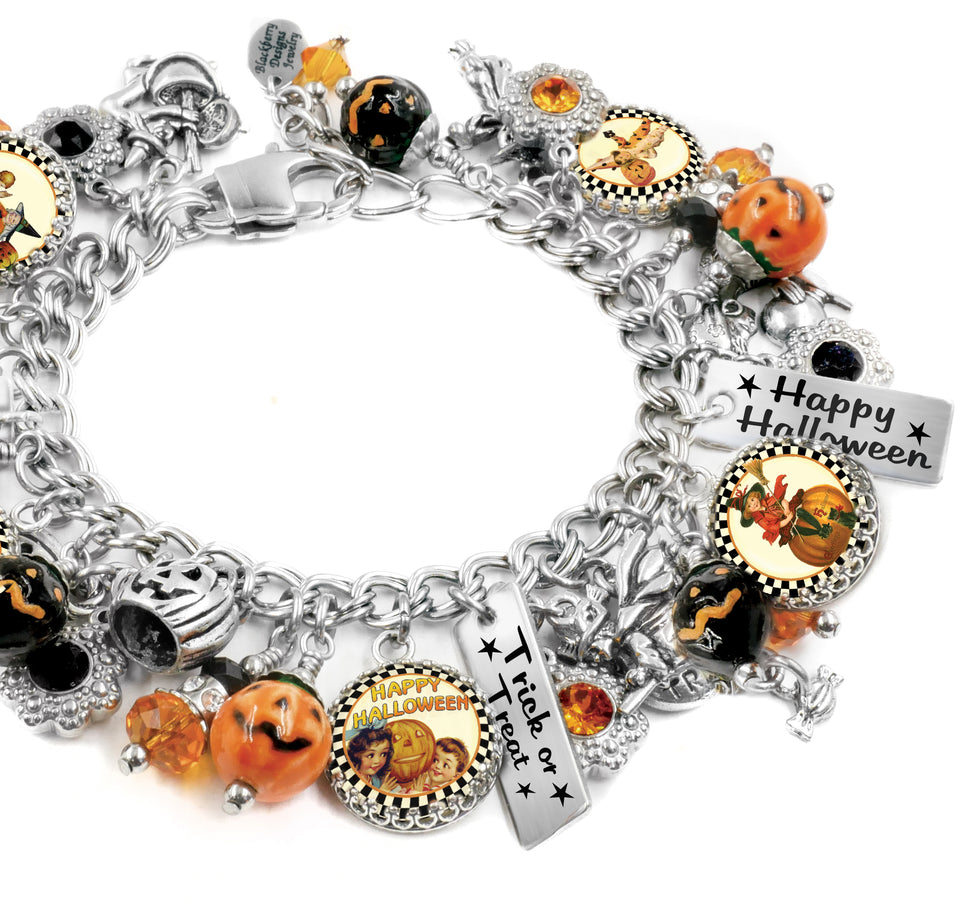 Halloween Charm Bracelet with Pumpkins and Vintage Images