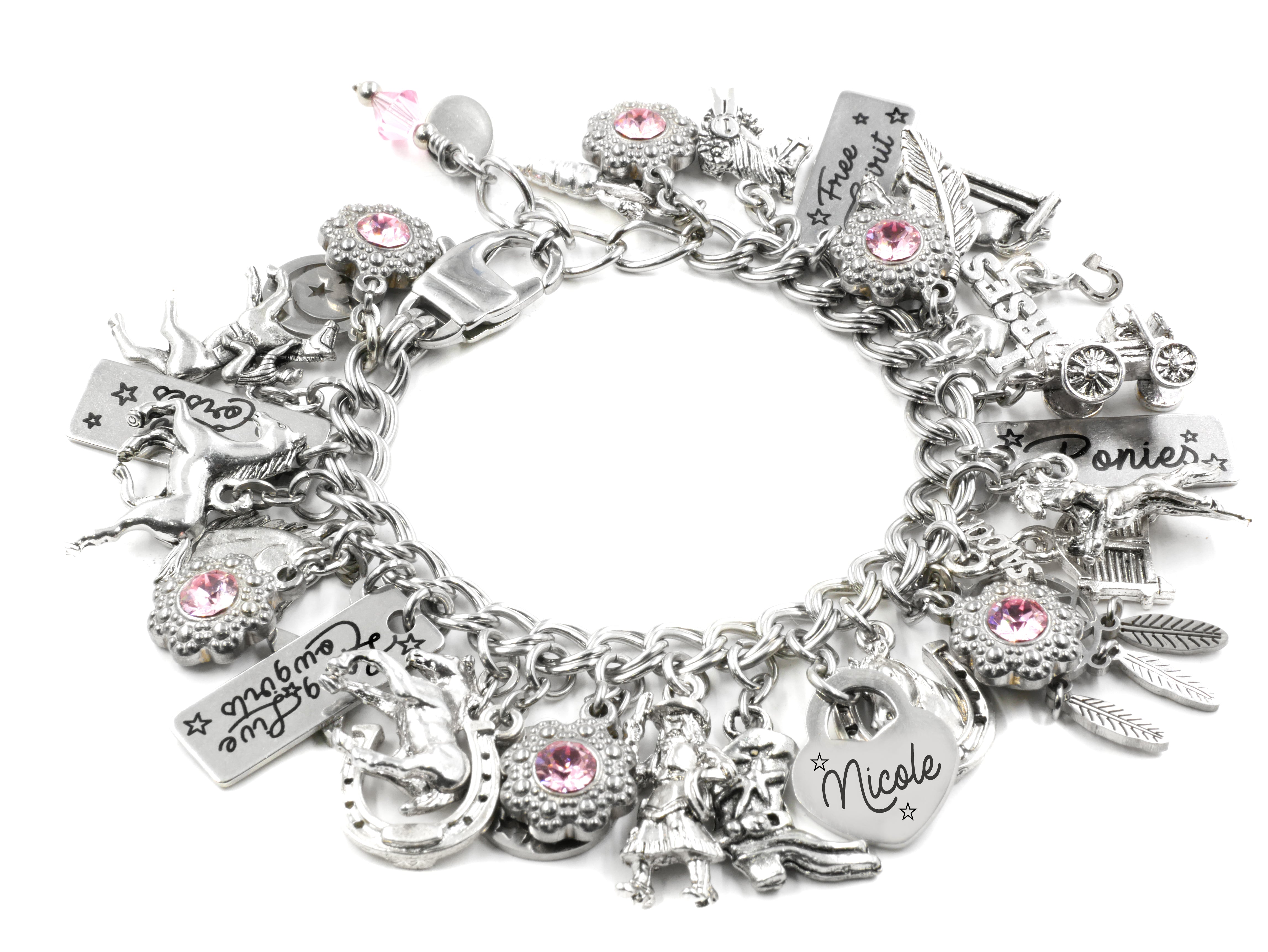 Horses with Crystals + Stainless Steel + Charm Bracelets + 5 Inches to 6 Inches + Charm Bracelets