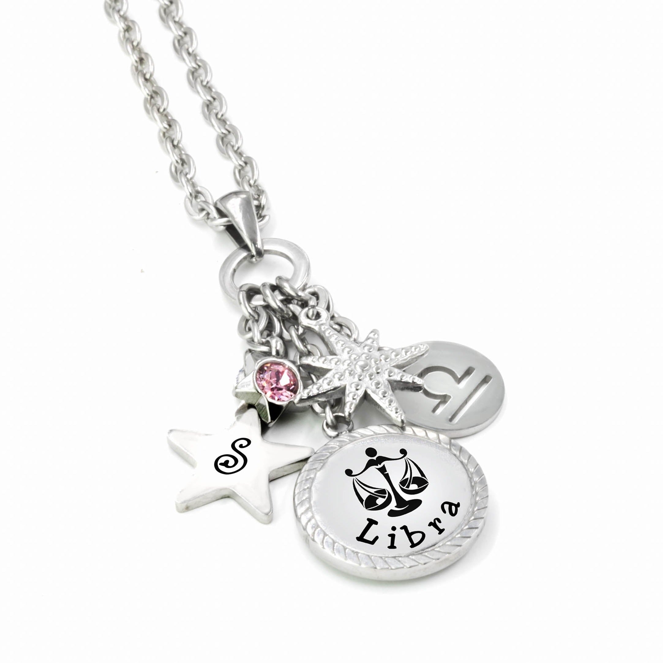 Engraved Libra Charm Necklace with Personalized Initial