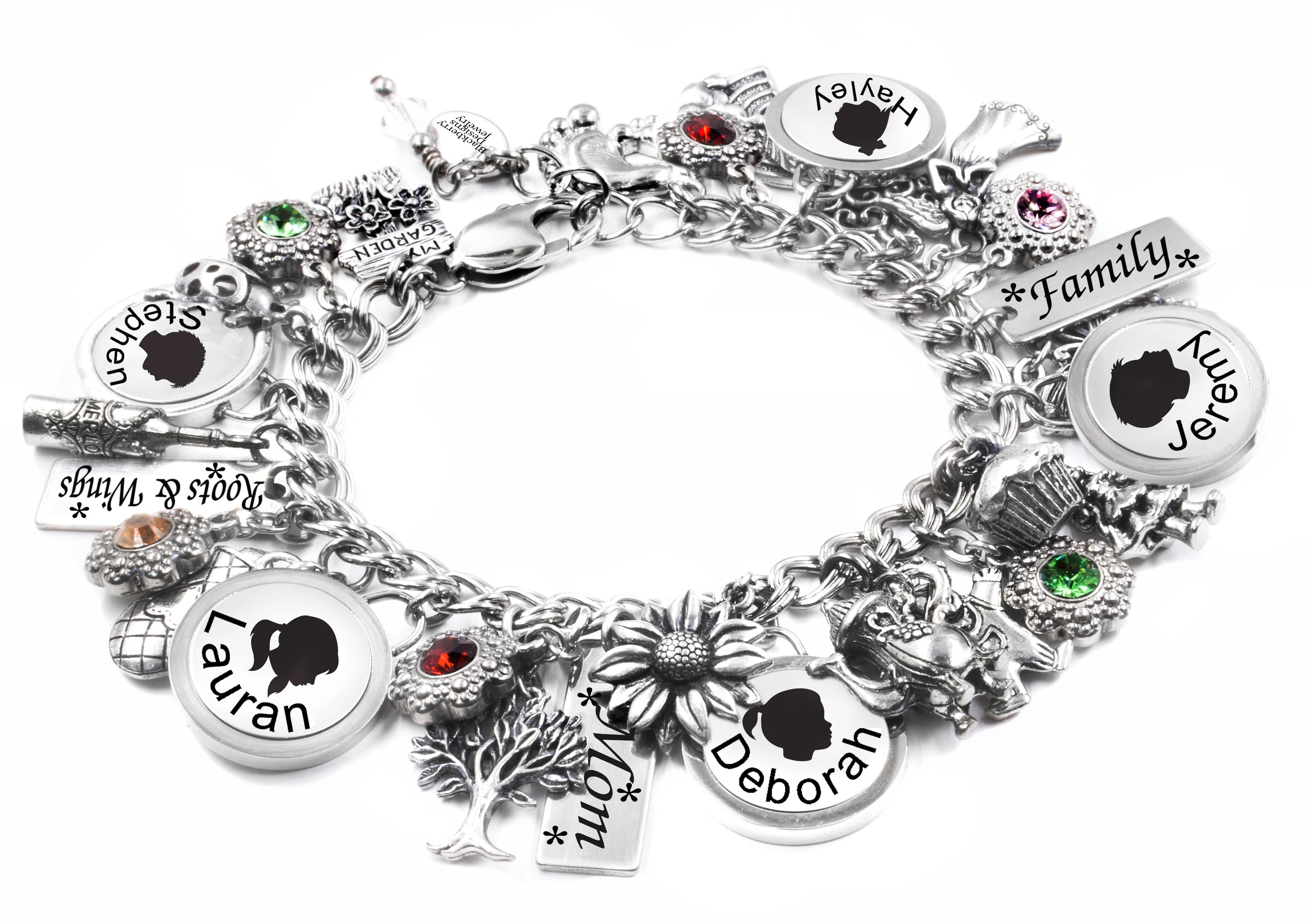 Sterling Silver Mothers Bracelet with Names and Birthstones