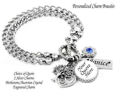 Personalized Charm Bracelet, Custom Engraving, Charms, Quote