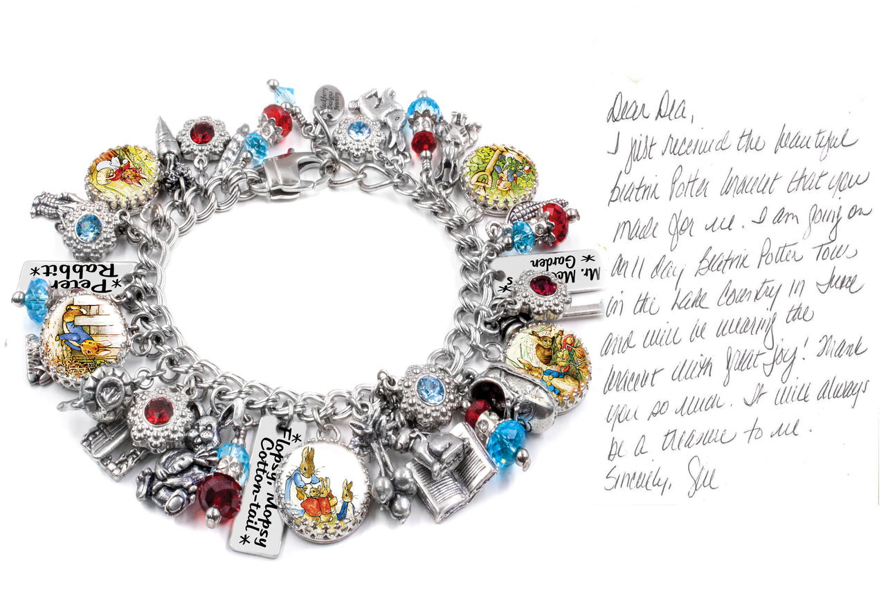 Peter Rabbit Charm Bracelet with Beatrix Potter images and Bunny charms