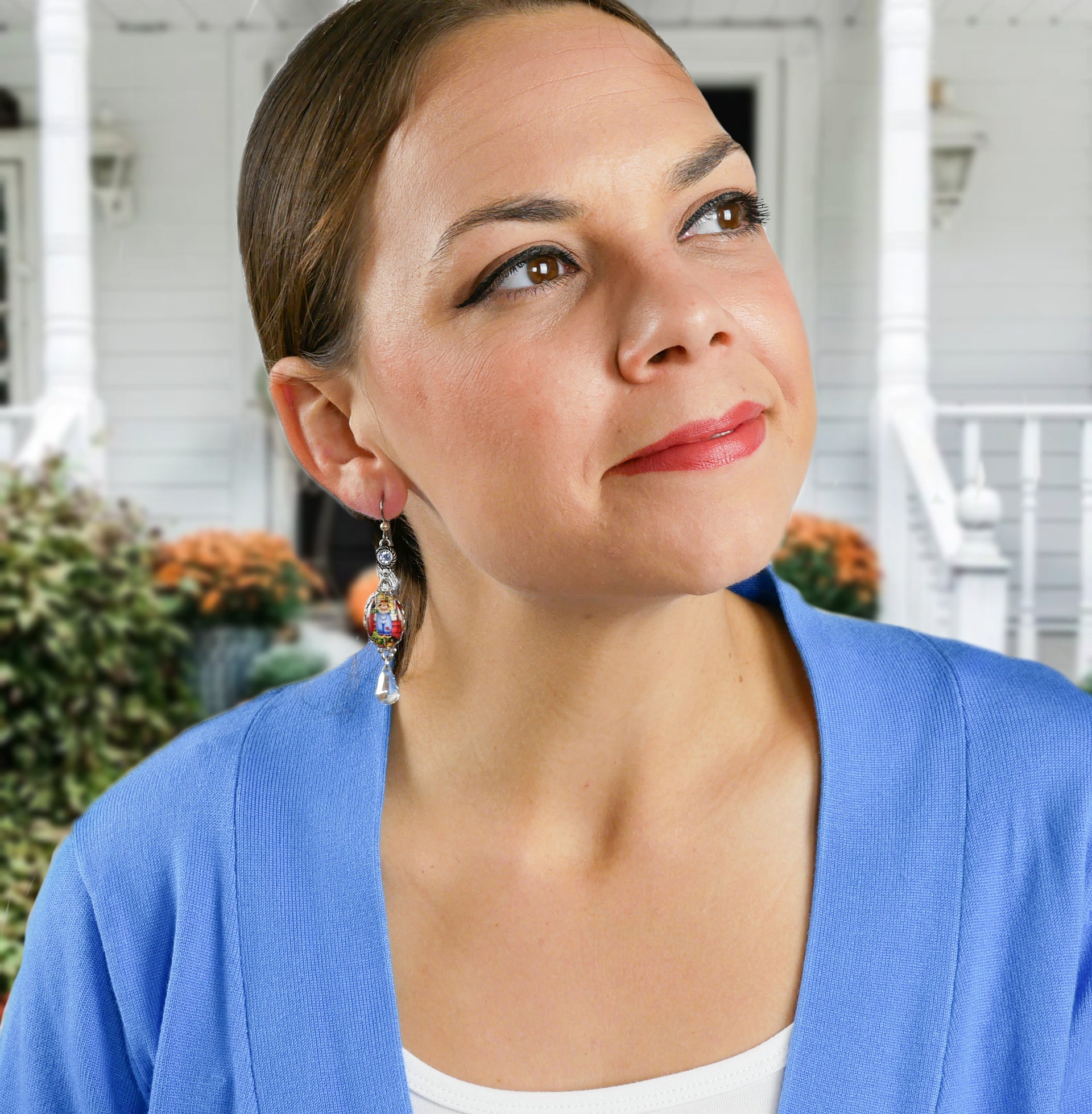 woman wearing thanksgiving earrings