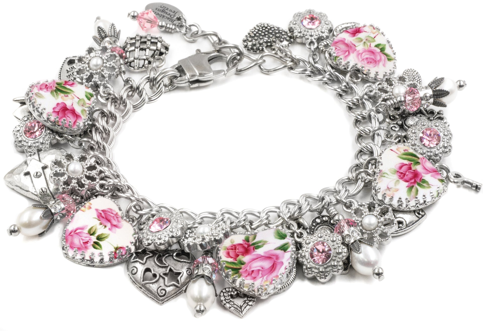 pink heart charm bracelet roses