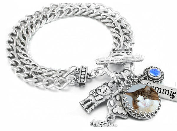 Custom Cat Charm Bracelet with Personalized Photo and Engraved Cats Name