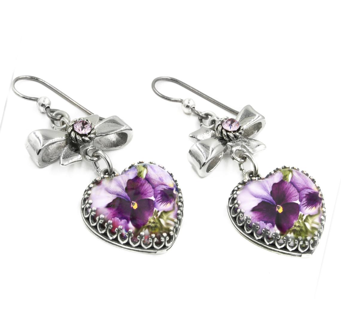 purple pansy heart earrings