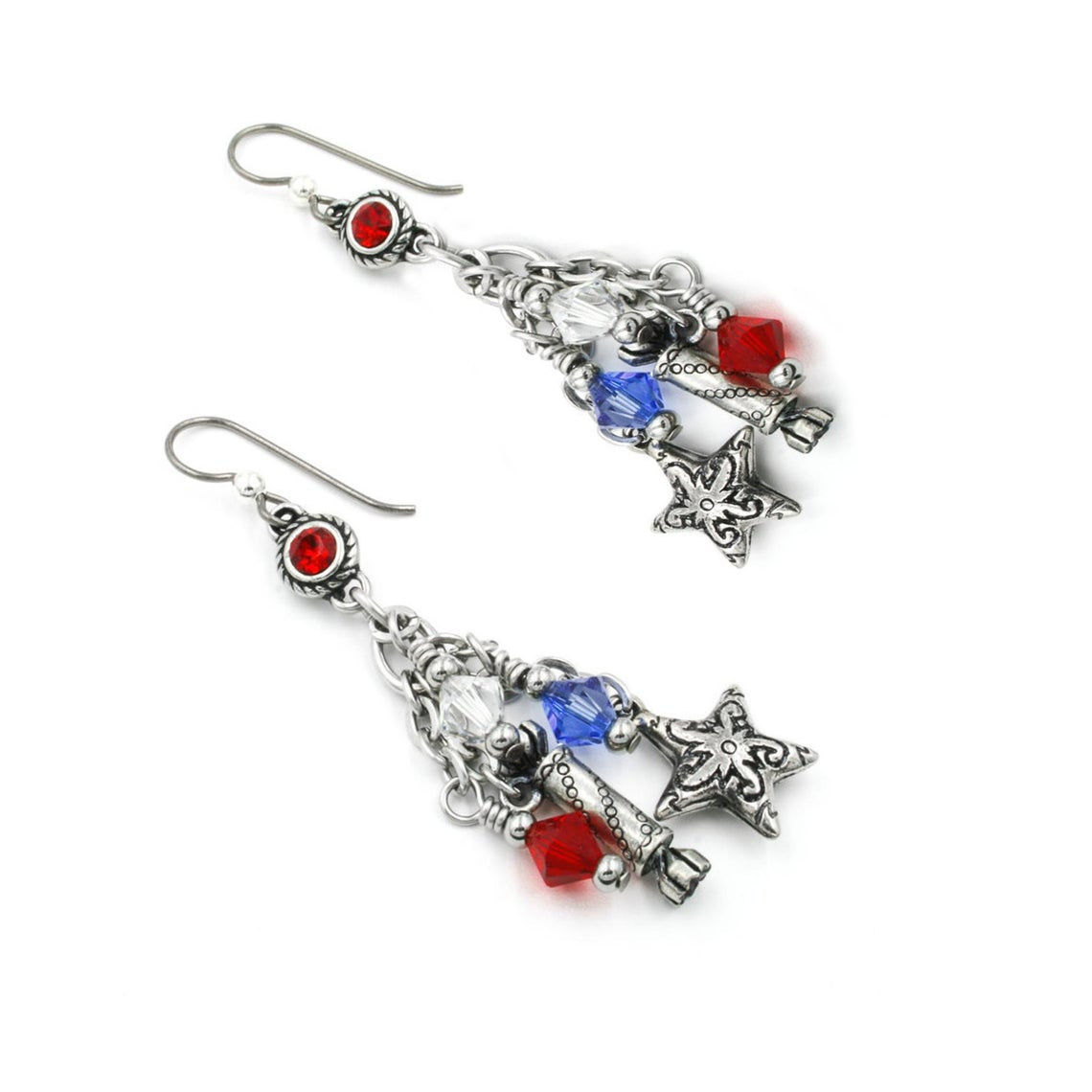 Red White Blue Earrings - Patriotic Jewelry With Silver Star Charms & Sparkling Crystals